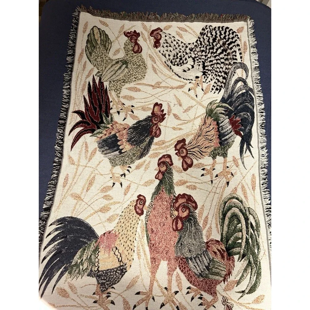 VTG Goodwin Weavers Tapestry Throw Blanket Roosters Anne Hathaway Farm LARGE